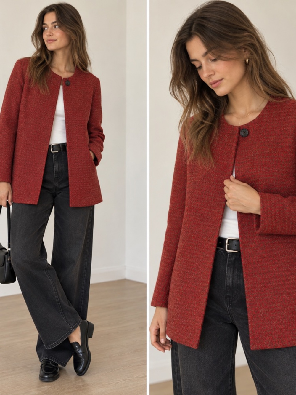 Evan Picone Red Brown 100% Wool Collarless Jacket Blazer 12